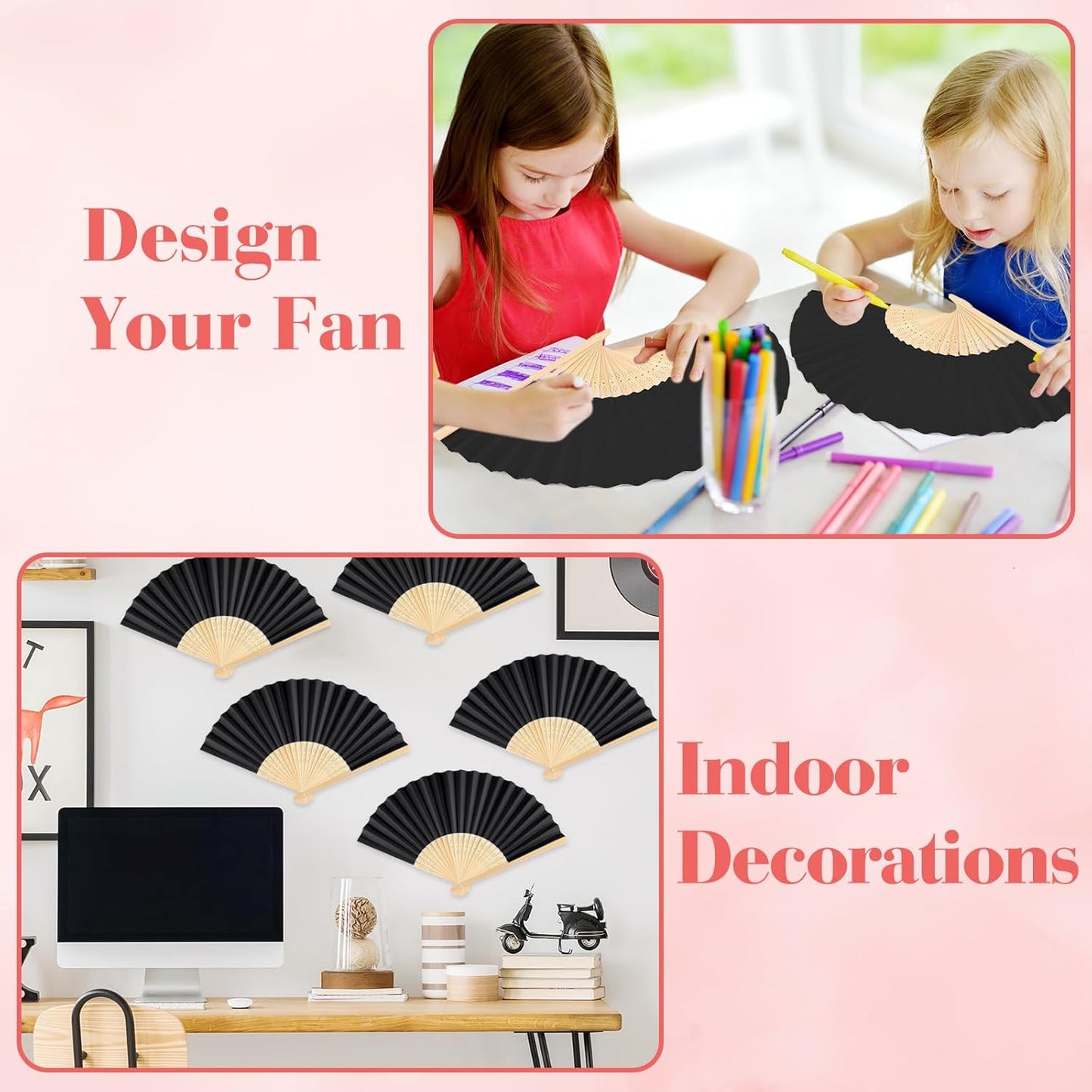 24 Pieces Black Hand Held Bamboo Folding Fans Paper Fans Handheld for Women Foldable Girls Wedding Decoration Church Home Party Favors Summer