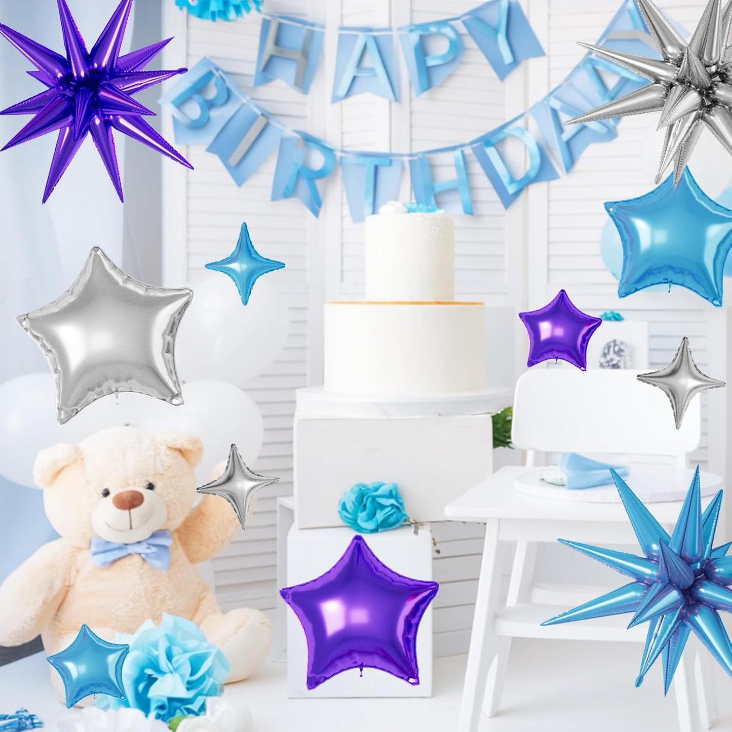 16 Pcs Blue Purple Silver Star Balloons, 22/18/10 Inch Foil Balloons, Four-Pointed Balloon for Boy Men Birthday Graduation Wedding Baby Shower Galaxy Space Party Decorations