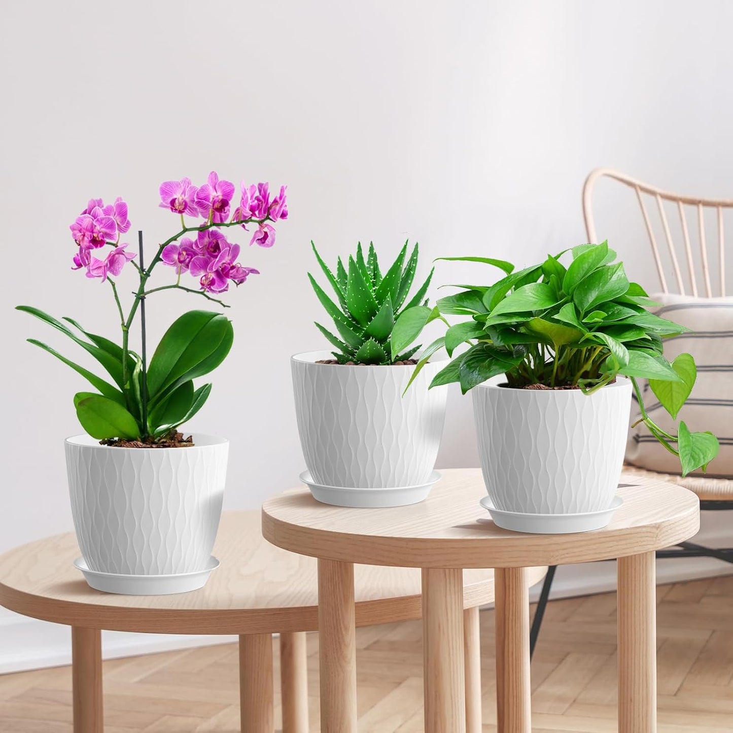 7 inch Plant Pots, 5 Pack Flower Pots with Drainage Holes and Saucers for Indoor Plants, Plastic Planters with Water Ripple for Small Garden House Plants, Nursery Pots for Succulent, White