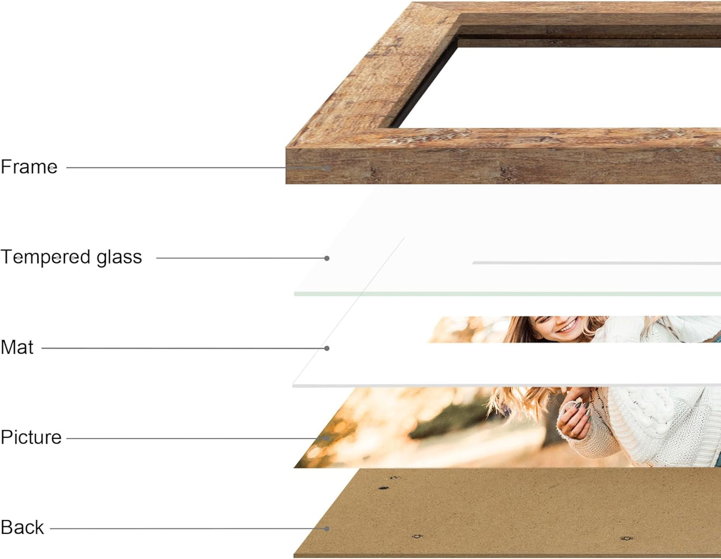 11x14 Picture Frame Set of 4 with Tempered Glass, Rustic Brown Frame Display 8x10 Pictures with Mat or 11 x 14 Without Mat, Wooden Photo Frames for Wall Mounting