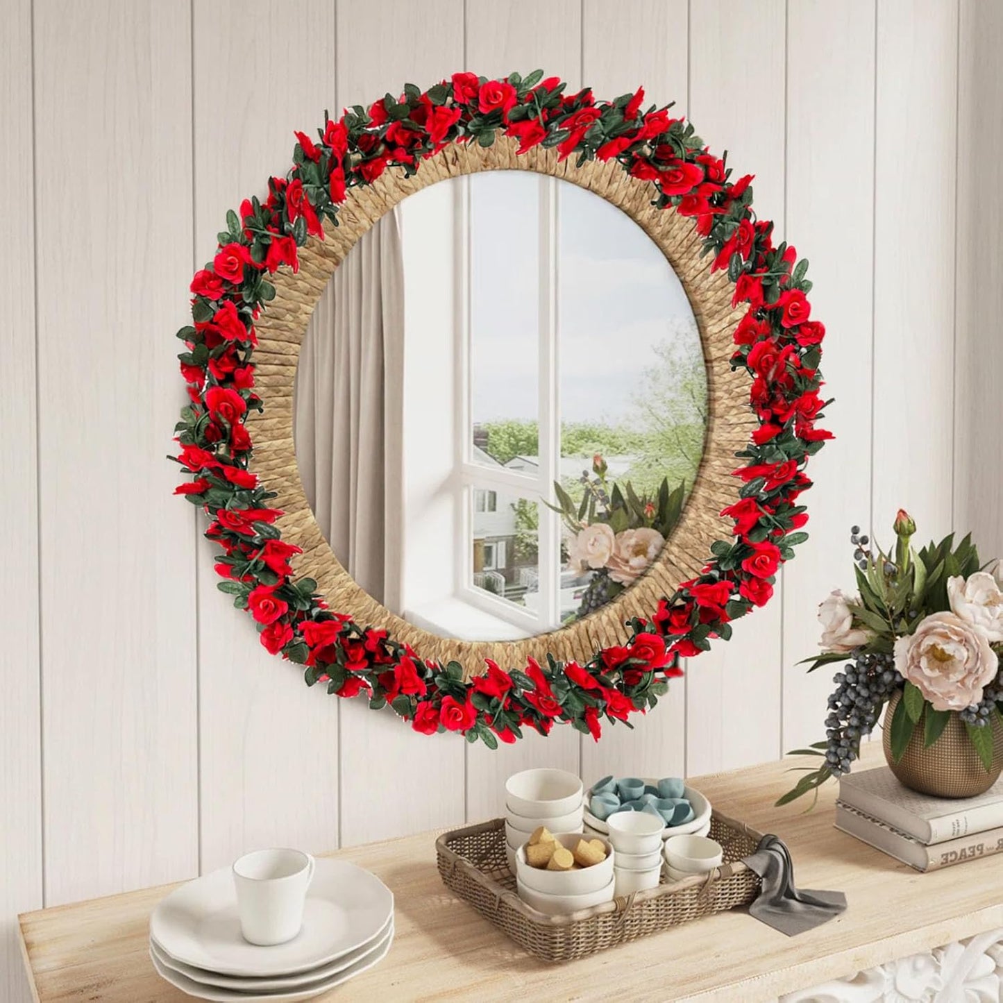 8Pcs 63Ft Red Rose Garland, Fake Rose Hanging Flowers, Artificial Flower Vine, Hanging Floral Vine Garland for Wedding, Birthday Party, Wall Arch, Halloween, Christmas Garden Backdrop Decor