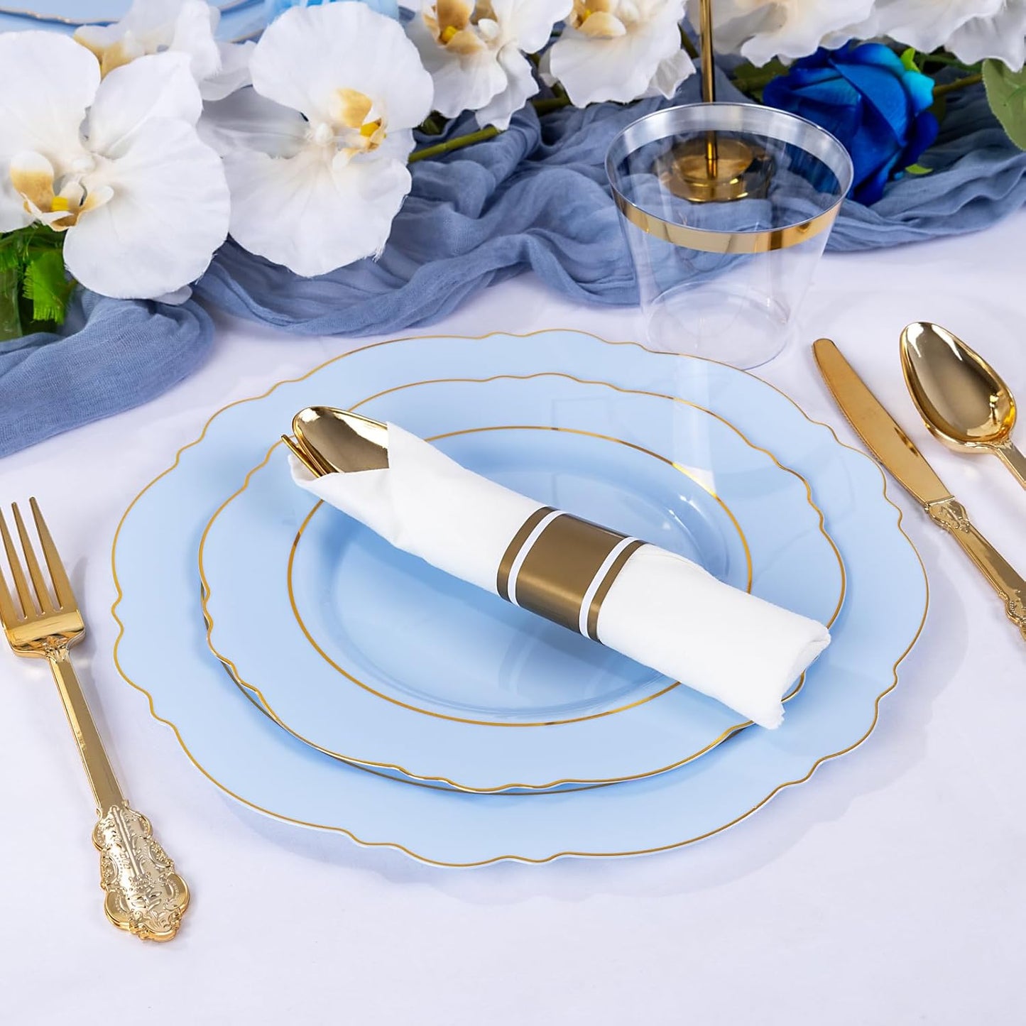 Liacere 350PCS Bule Plastic Plates - Disposable Bule and Gold Plates 50guest Baroque Plastic Dinnerware include 100Plates, 50Pack Pre Rolled Napkins with Silverware 50Cups for Wedding&Mother's Day