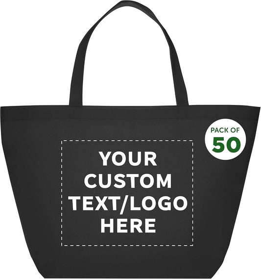 DISCOUNT PROMOS Custom Southern Style Grocery Tote Bags Set of 50 - Personalized Bulk Pack, Reusable Grocery & Shopping Bags - Great for Travel, Carry on Bag, Business Promotions - Black - 20"X13"X8"