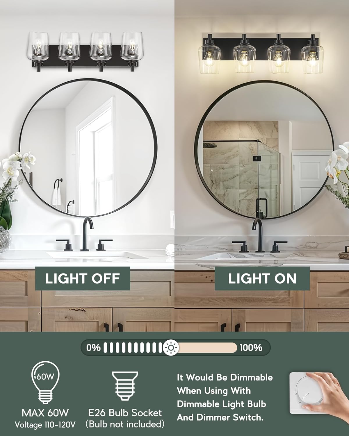 Bathroom Light Fixtures, 4-Light Modern Vanity Light with Clear Glass Wine Glass-Shaped Shade, Vanity Lighting Fixtures Over Mirror, Matte Black, VL155-MB-4