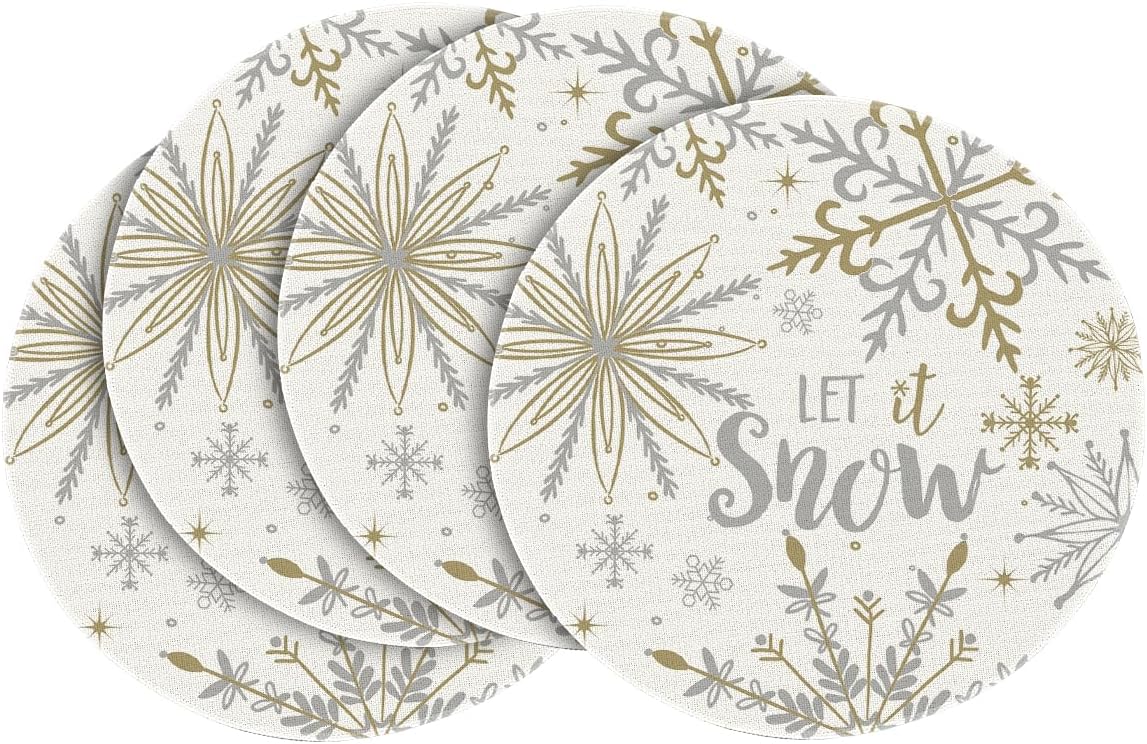 Artoid Mode Beige Snowflake Let It Snow Winter Placemats Set of 4, 15 Inch Seasonal Christmas Xmas Round Table Mats for Dining Decoration