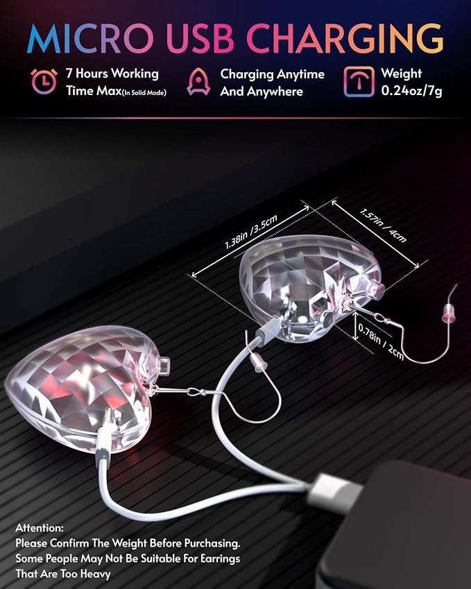 LED Earrings Light Up Earrings 16 Light Modes Rechargeable Disco Heart Earrings for Women Disco Party Decorations & Rave Accessories