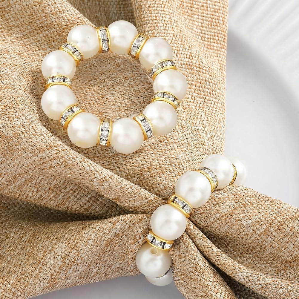 50Pcs Pearl Napkin Rings, Pink Beaded White Silver Round Buckles, Set of 6, Wedding and Formal Dinner Table Decor (50, Gold)