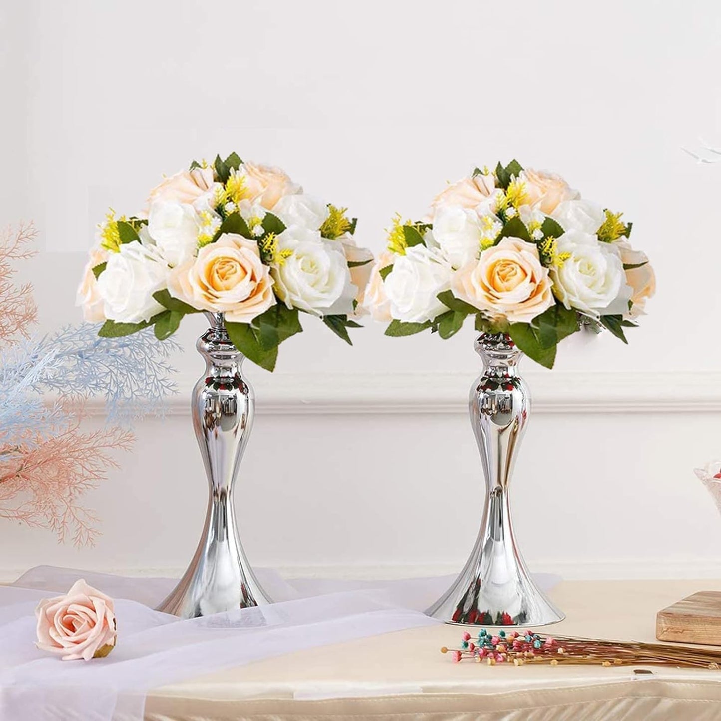Flower Balls Wedding Rose Centerpieces: 6 Pcs Fake Flowers with Base Kissing Balls Decor Champagne &White Artificial Floral Arrangements Flower Bouquet of Roses Home Party Table DIY Decorations