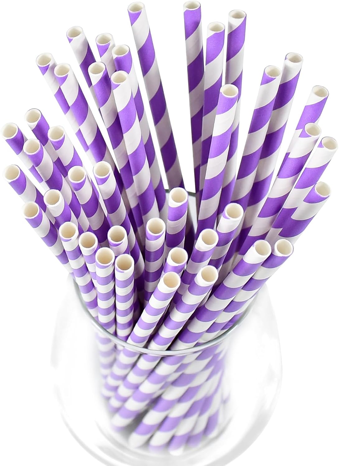 Disposable Purple Striped Party Paper Drinking Straws 100 Counts 7.75'' x 0.24'', Unwrapped, for Cocktail, Coffee, Water