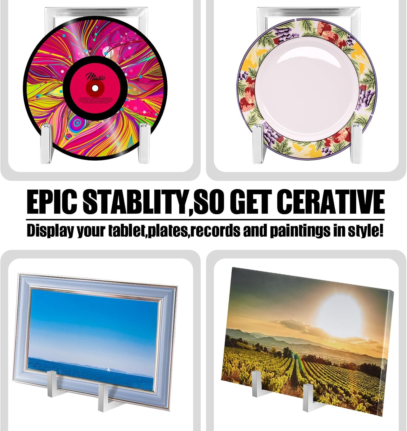 Sweetude 2 Pcs Large Plate Stands for Display Metal Frame Plate Holder Display Stand Decorative Table Top Easels for Picture, Book, Platter, Photo Easel(Silver,8 Inch)