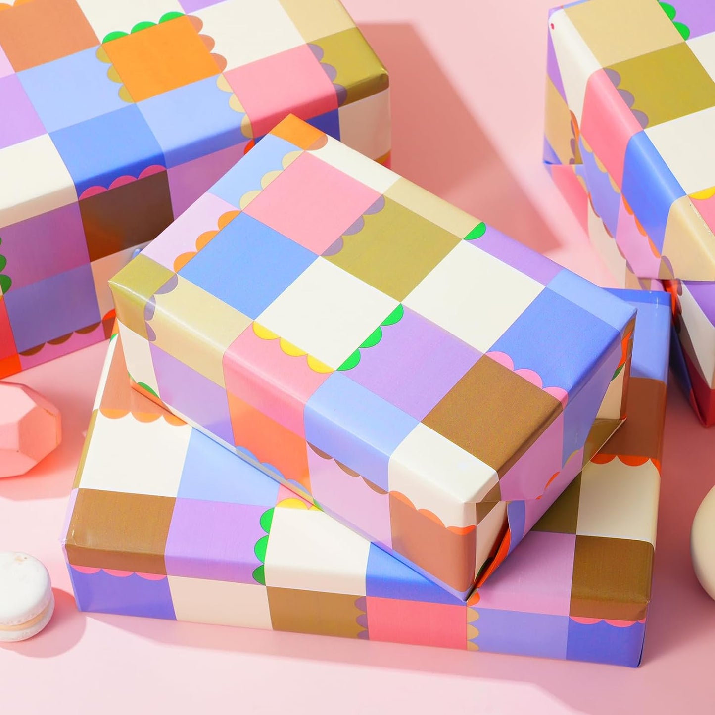 Ulmasinn Color Block Wrapping Paper Roll - 17 Inches x 33 Feet - for Girls Boys Kids, Colorful Square Patterned Gift Wrapping Paper with Scalloped Edges for Birthday Party, Holidays, Weddings