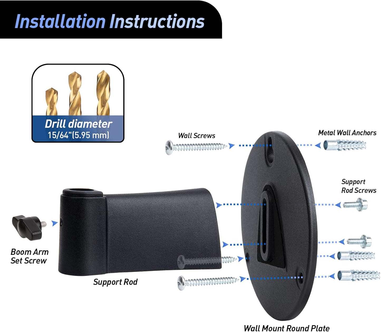 Microphone Wall Mount Boom Arm - Microphone Wall Mount for Mic holder，Horizontal Mounting Wall，Space Saving Desktop Metal Mic Stand Clamp by SUNMON