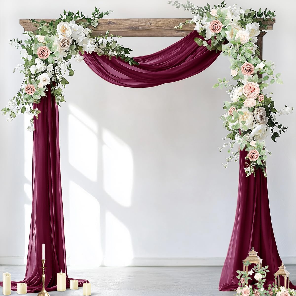 Socomi Wedding Arch Draping Fabric 2 Panels 29" x 19Ft Burgundy Sheer Chiffon Curtain Drapes 6 Yards for Wedding Ceremony Birthday Party Decoration