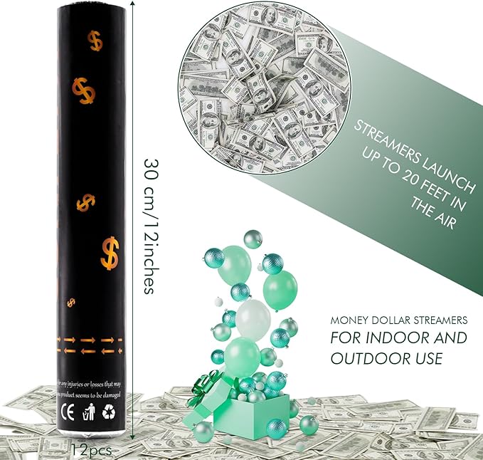 Confetti Cannon 12 Pack Party Poppers Money 100 Dollar Bill Confetti Poppers Make it Rain 12 inch Party Confetti Shooters Bill Launcher for Business Signing Opening Activities Birthday Party