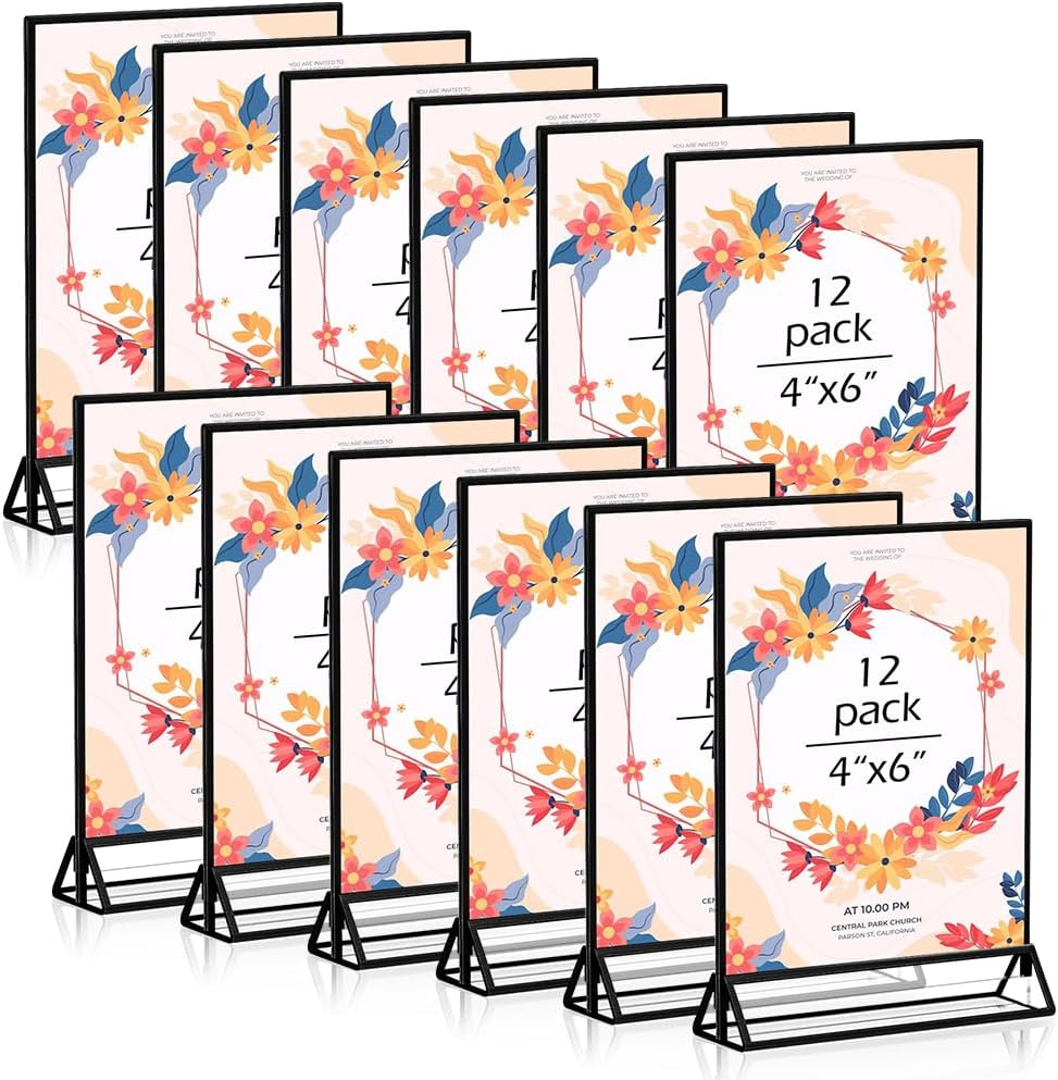 12PCS Acrylic Black Sign Holders, Wedding Table Sign Double Sided Holder, Acrylic Black Frame Sign Holders Display Stand for Wedding Table Numbers, Restaurant Sign, Menu, Photo (4" x 6")