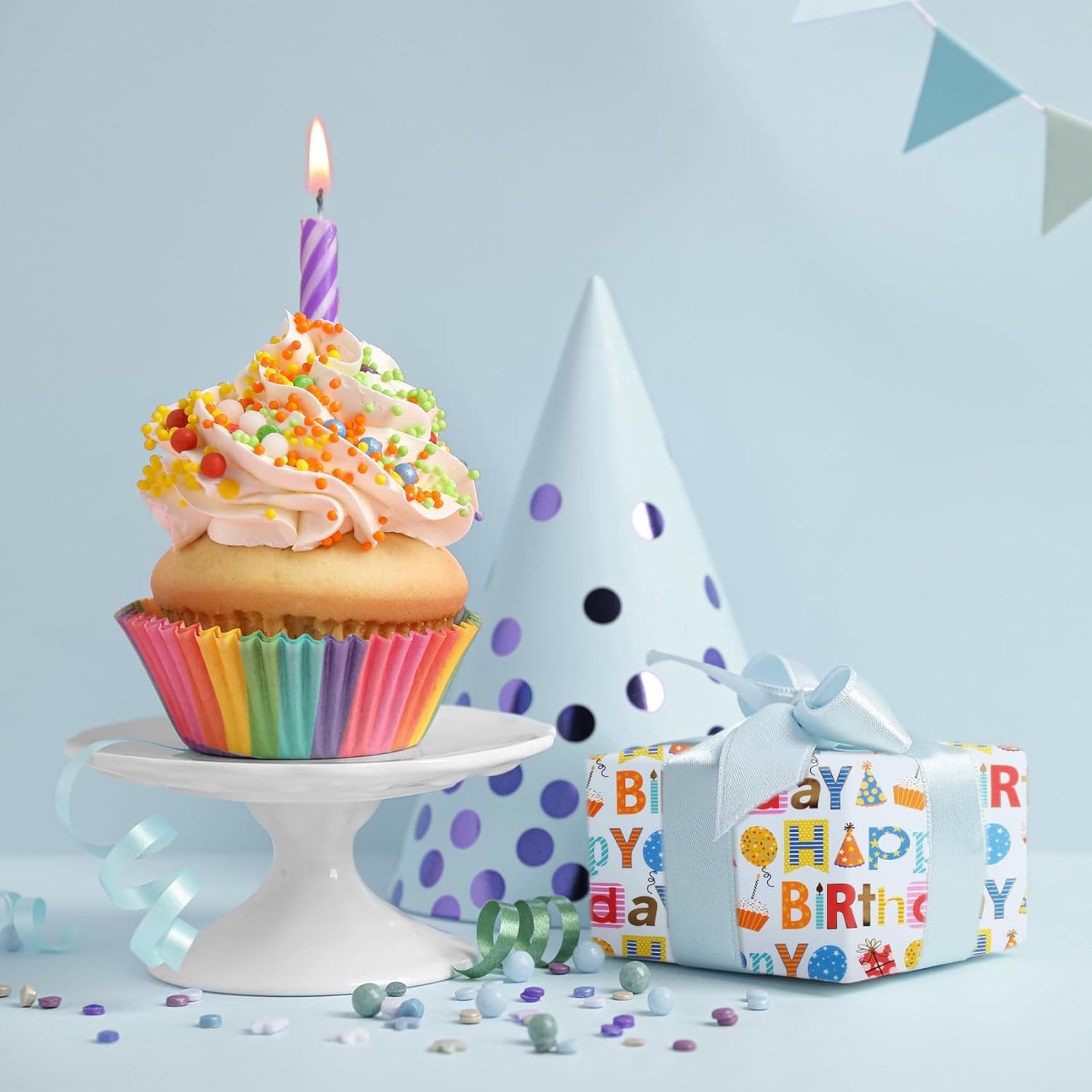 Aimyoo Blue Birthday Wrapping Paper Roll - 17 Inch X 32.8 Feet - Gold Foil Happy Birthday Lettering & Balloon Design Gift Wrap for Kids, Baby Showers