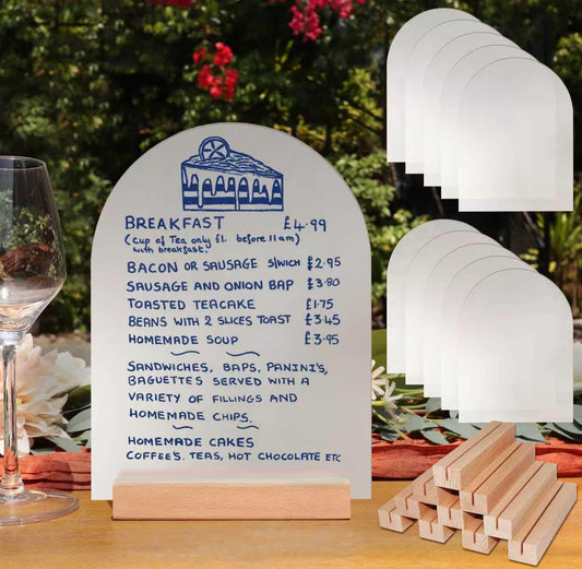 Frosted Blank Arch Acrylic Sign with Wooden Stands - 10 Pack DIY Customizable Sign Kit for Wedding Table Numbers, Restaurant Party Bridal Shower (6x8 Inch)