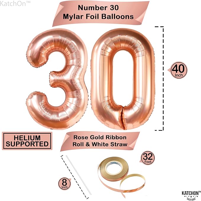 KatchOn, Rose Gold 30 Balloon Numbers - Giant, 40 Inch | Rose Gold 30 Balloons With Confetti Balloons | 30th Birthday Decorations for Women | Number Balloons for 30th Anniversary Decorations