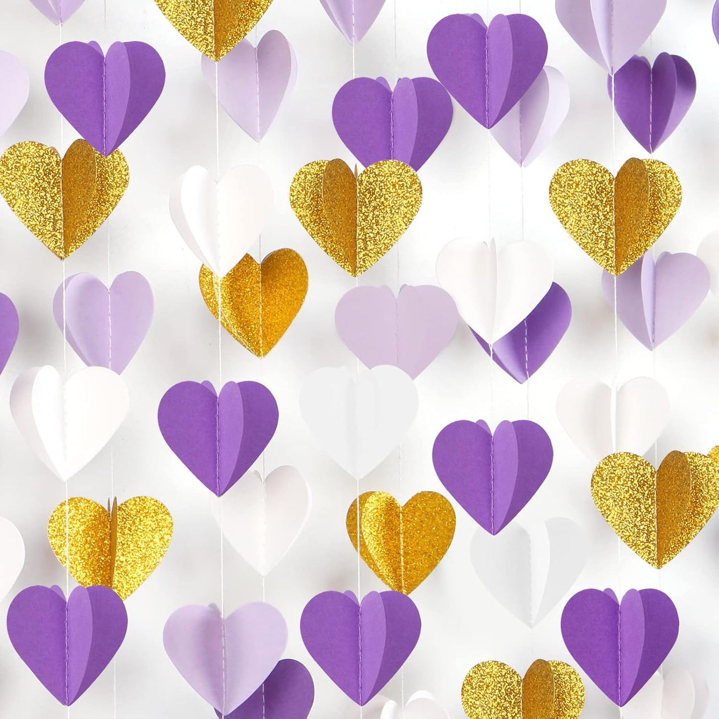 Purple-Gold Party-Decorations 3D Heart Garland - 39Ft White Purple Lavender Graduation Hanging Paper Streamers Banner, Women Birthday Wedding Engagement Baby Bridal Shower Decor Ouruola