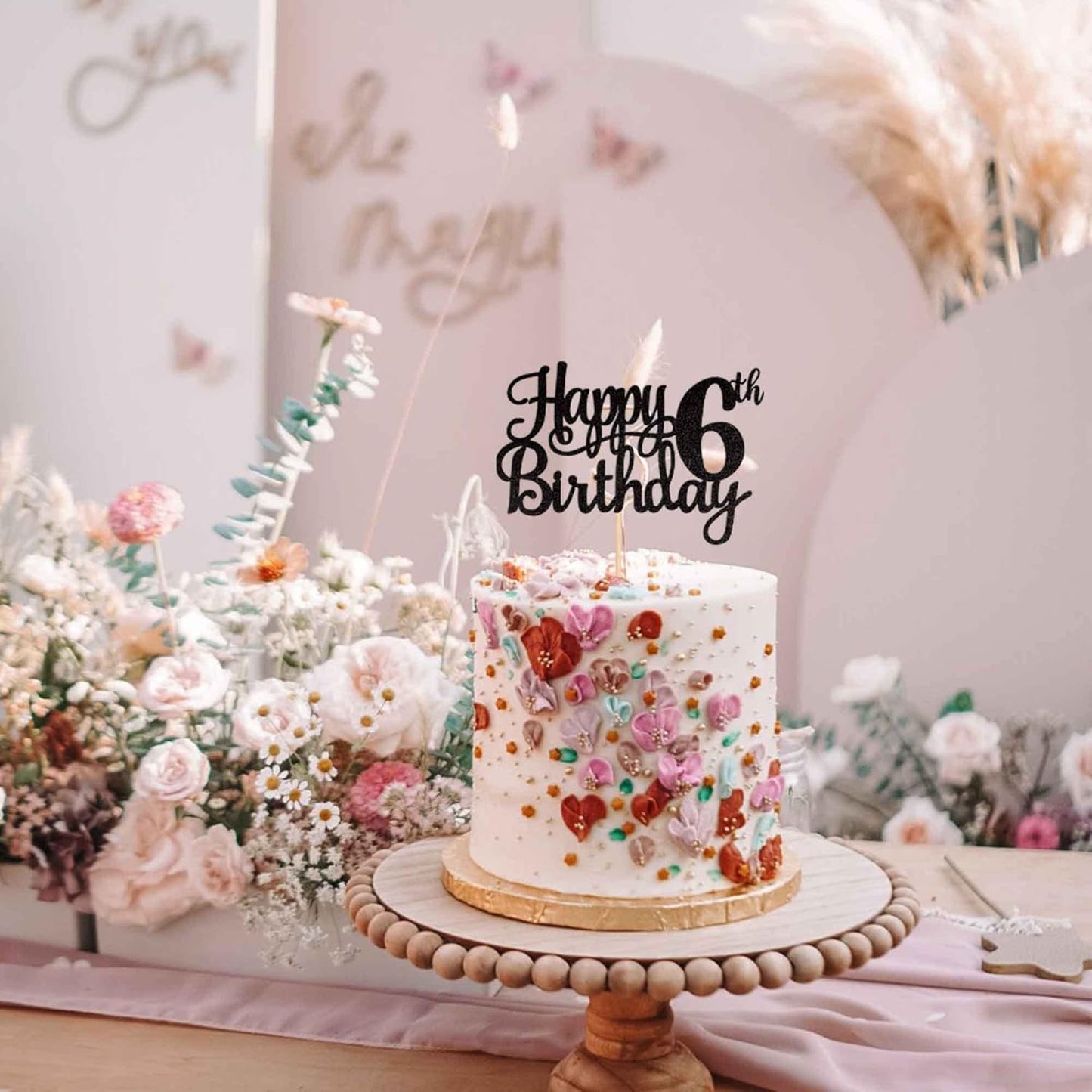 1 PCS Happy 6th Birthday Cake Topper Glitter Cheers to 6 Years Cake Pick Number 6 Fabulous Cake Decoration for 6th Birthday Theme Party Decorations Supplies Black