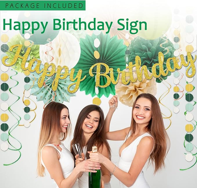 Sage-Green Gold Birthday Decoration,Happy Banner,Olive Retro Paper Lanterns Neutral Tissue Pom Poms Fan,Boho Green Balloons For Anniversary Princess Backdrop Party Supplies for Women Girls Mens