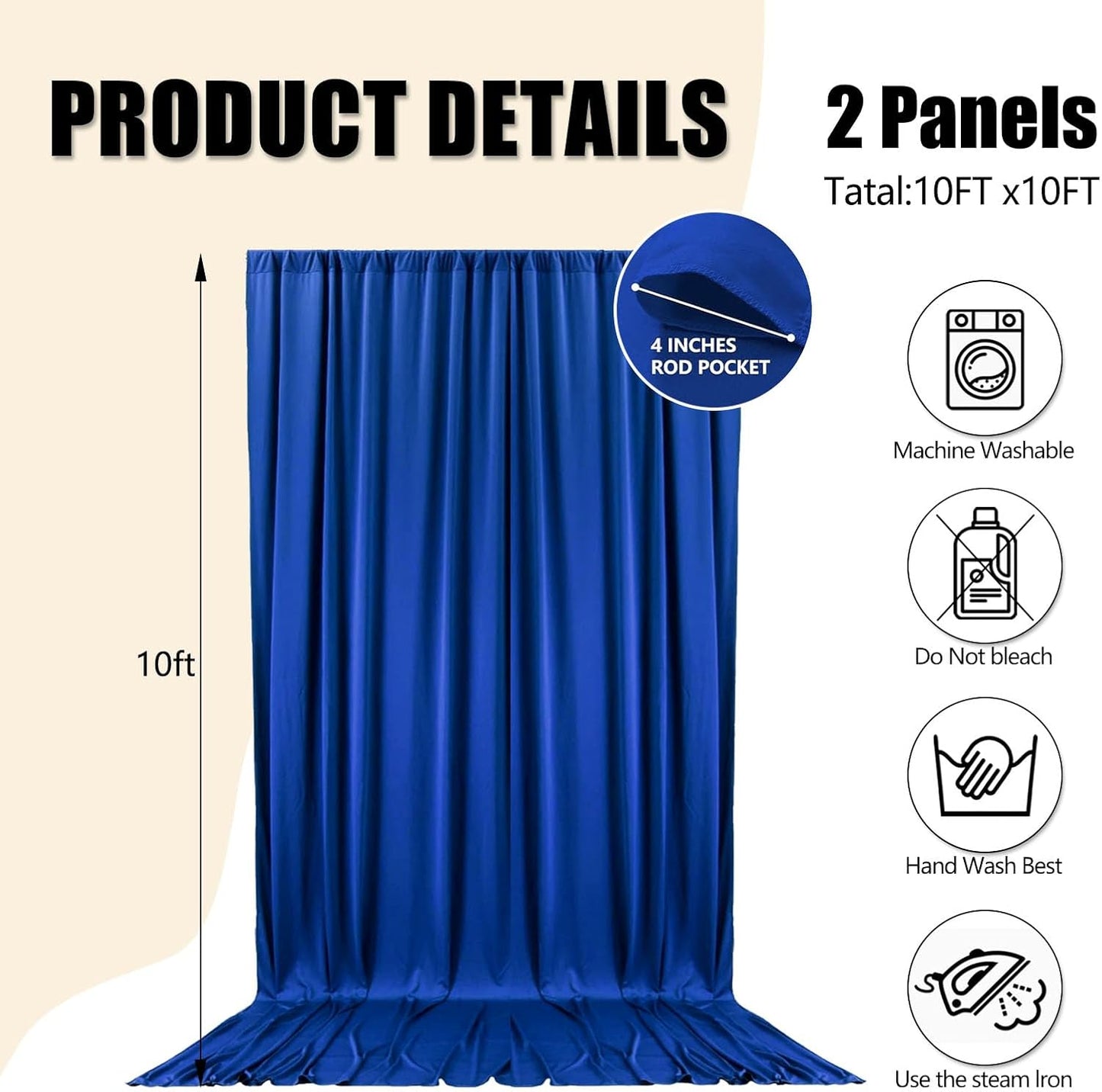 10ft x 10ft Blue Backdrop Curtains for Parties, Fabric Satin Background Curtain with Rod Pockets for Weddings, Birthday, Baby Shower, Photography, Graduation Party Backdrop Drapes, 2 Panels