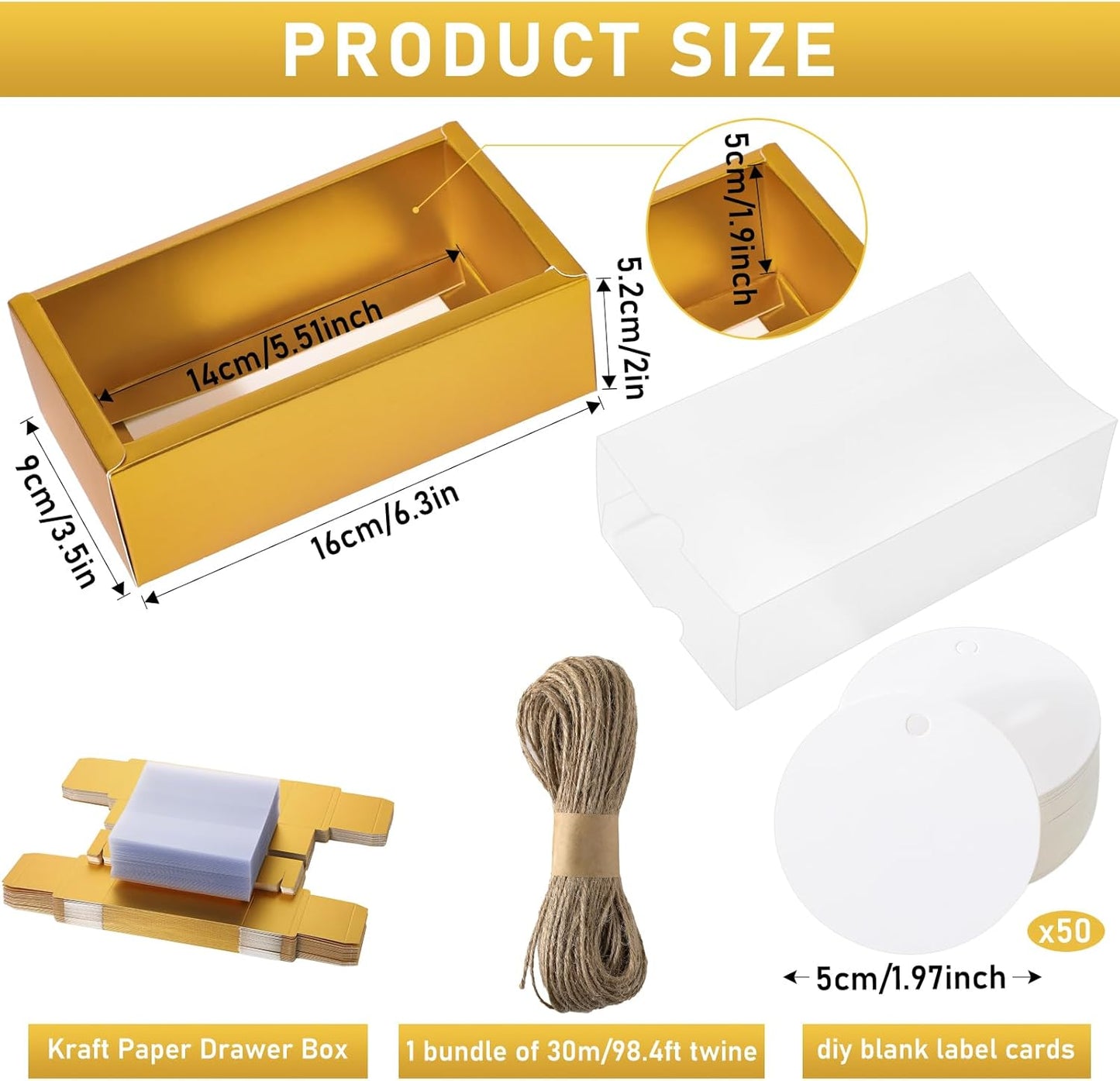 Roowest 50 Sets Kraft Soap Boxes Rectangle Packaging Box with Window Homemade Gift Box with Blank Tags and Jute String for Jewelry Candy Wrapping Party Favor(6.3 x 3.5 x 2 Inch,Gold)