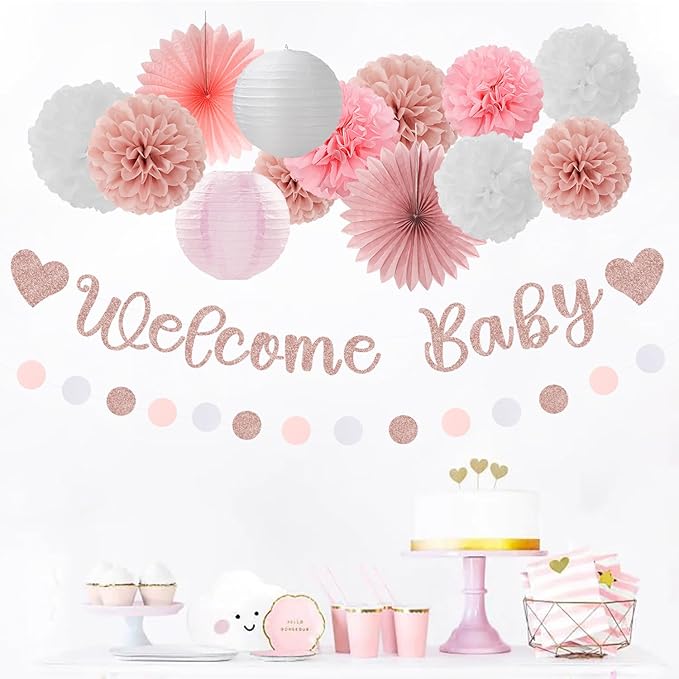 Rose-Gold Pink-White Baby Shower Party-Decorations - 22pcs Girls Welcome Baby Banner, Paper Lanterns Streamers, Tissue Pom Poms Flowers Fans Decor Supplies Hugmoon