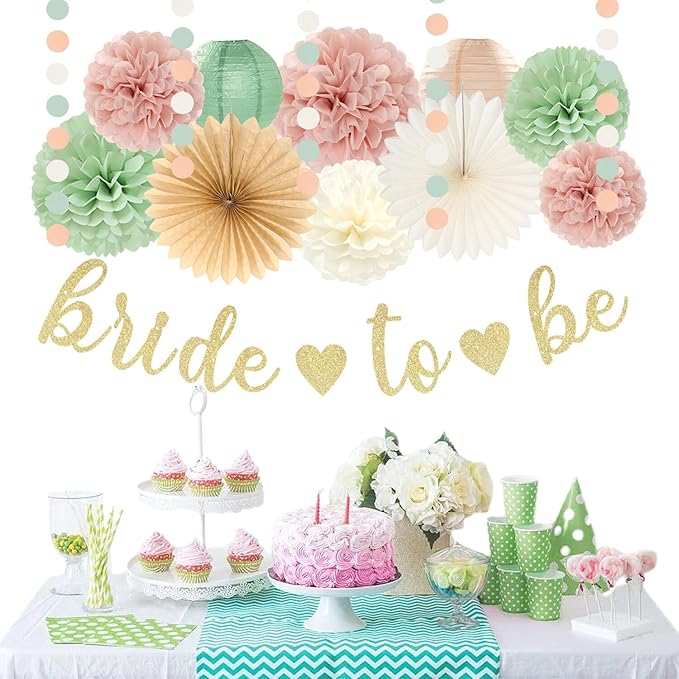 Sage-Green Pink Bridal-Shower Bachelorette Party-Decorations - 22pcs Bride To Be Banner, Beige Paper Lanterns Streamers, Tissue Pom Poms Flowers Fans Favors Wedding Decor Supplies Hugmoon