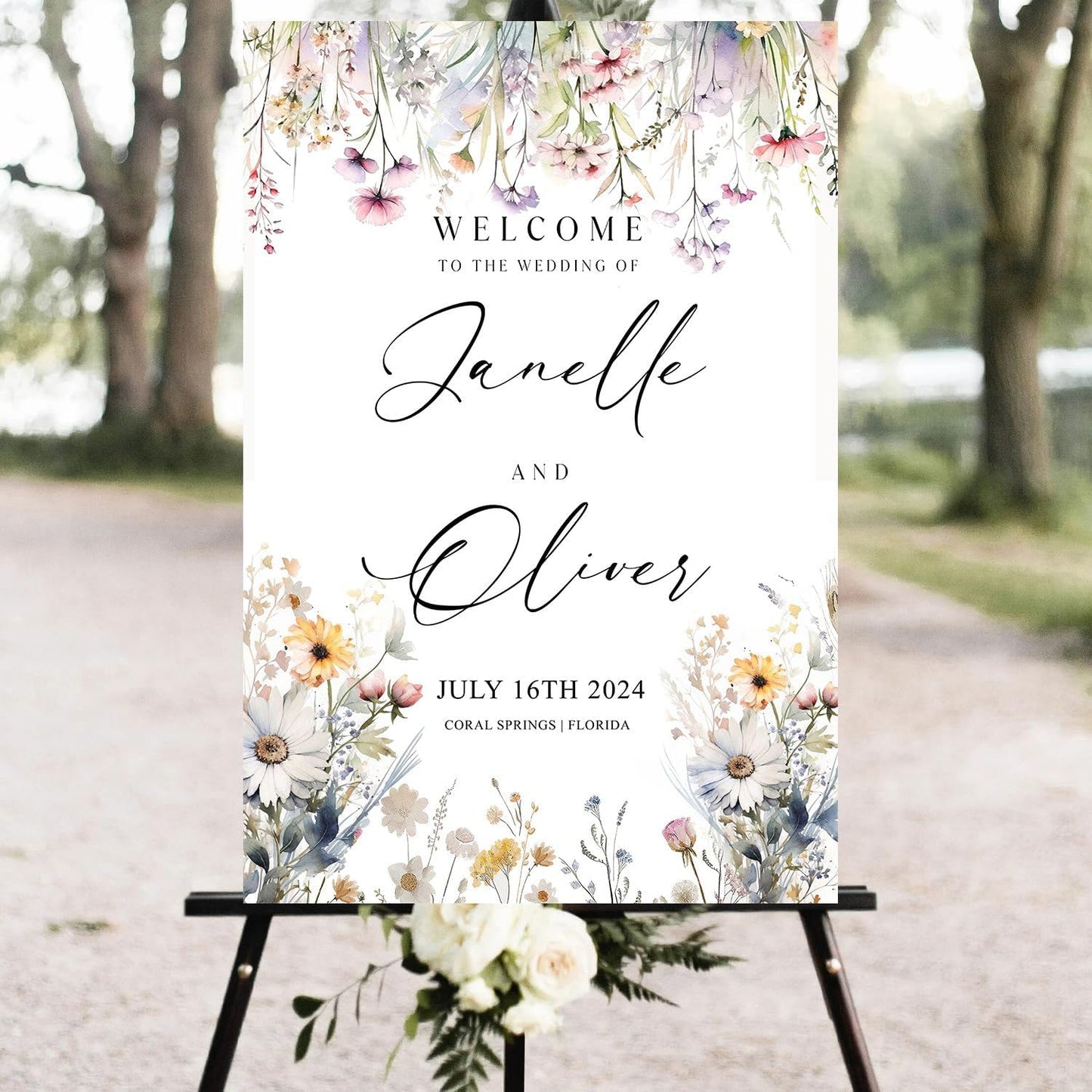 Generic Wildflower Welcome Sign, Wedding Welcome Sign, 12x18, 18x27, 24x36 Inches, Plastic, Rustic, Warm