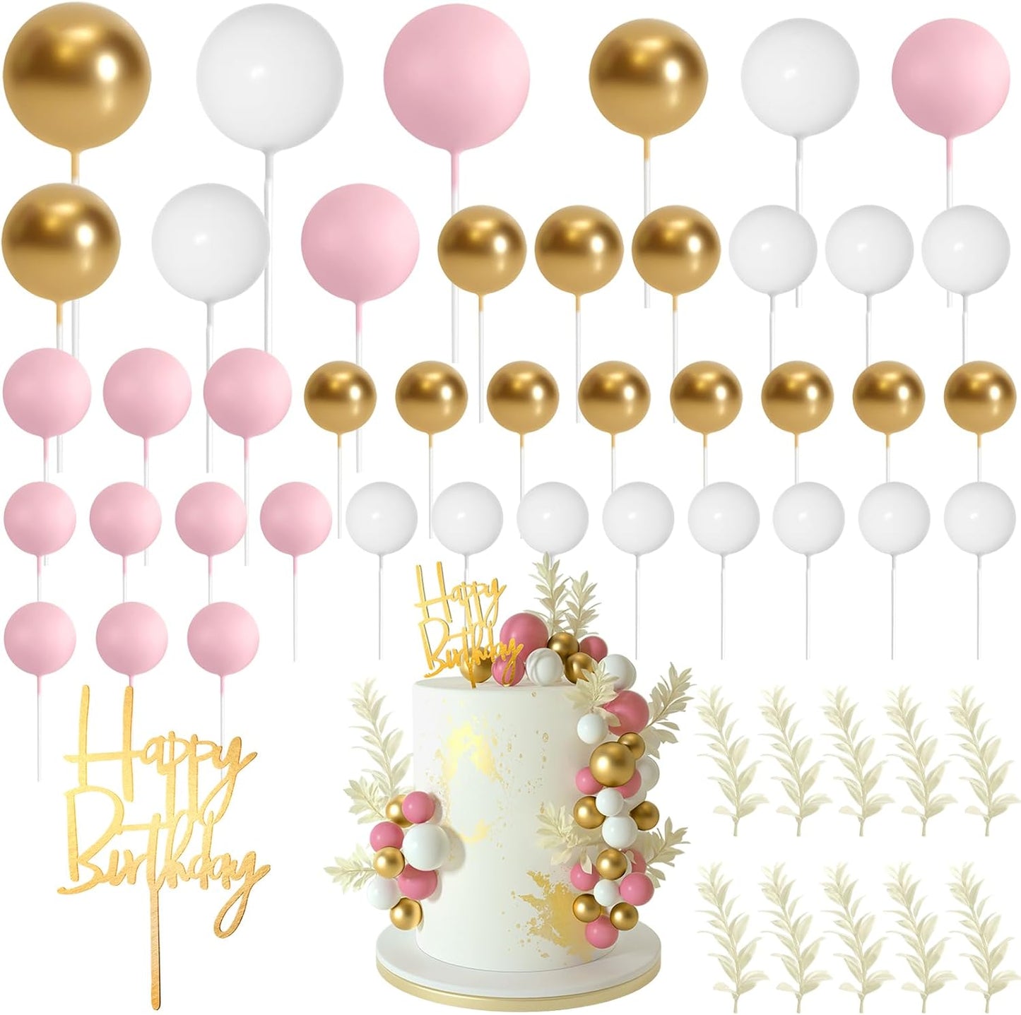 MIAHART Ball Cake Toppers Boho Grass Cake Topper Ball Cake Insert Decoration for Birthday Wedding Baby Shower Party Decorations Boho Themed Party Supplies (white，gold，pink)