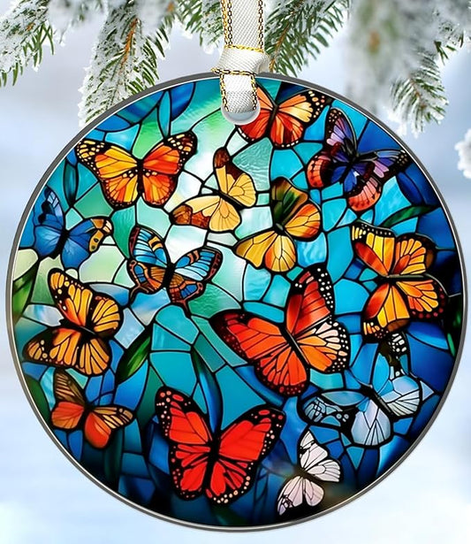 Butterfly Christmas Ornaments 2025, Stained Glass Christmas Tree Decorations, Exchange for Women, Men, Collectible Dated Year Ornaments for Tree - Glass Hanging Ornament