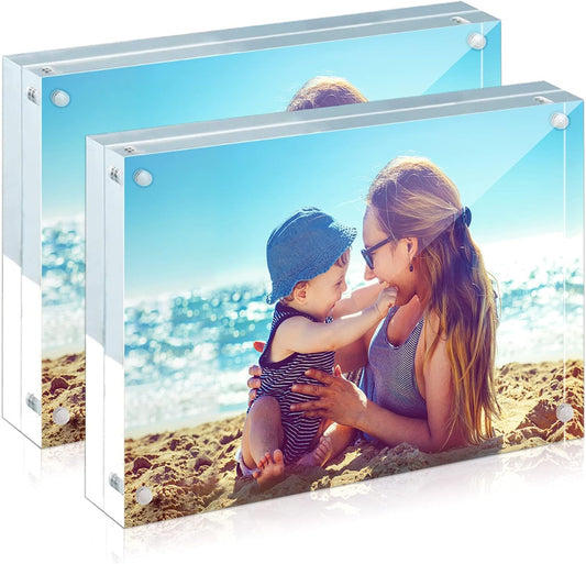 HELPLEX Acrylic Frames, 2 Pack 8x10, 24mm Thicker Frameless Clear Frame, Double Sided Magnetic, Free Standing Desktop Display
