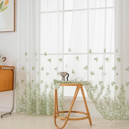 VISIONTEX White Sheer Voile Curtains, Decorative Green Embossed Butterflies Rod Pocket Window Drapes for Home Kitchen, Living Room and Bedroom 54 x 72 Inch, Set of 2 Curtain Panels