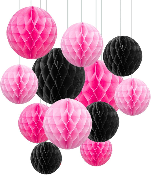 ZOOYOO 12Pcs 6" 10" Honeycomb Balls Decorations Hanging Tissue Paper Pom Poms for Mean Girls Birthday Party Halloween Wedding Decorations(Pink Black)