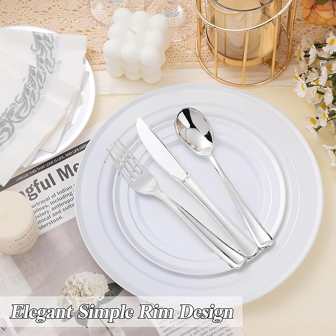 BESTSTAR 100PCS Silver Plastic Plates Set, 50 10.25 inch Dinner Plate and 50 7.5 inch Dessert Plates, Premium Disposable Plates for Party, Wedding