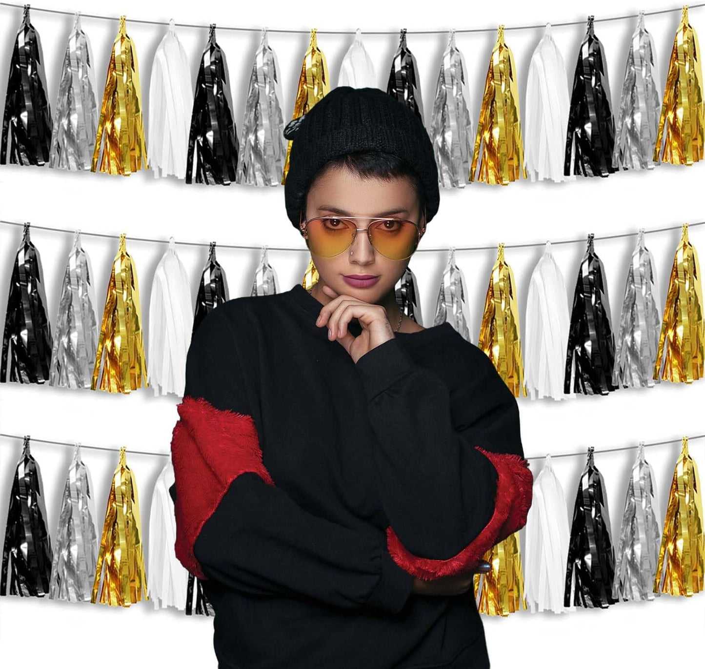 3P Metallic Fringe Tassel Banner Garland Foil Tinsel Streamer Wall Hanging Curtain Backdrop Banner for Parade Floats,Graduation Decorations, New Years Decorations,Father' Day(Black Gold Silver)