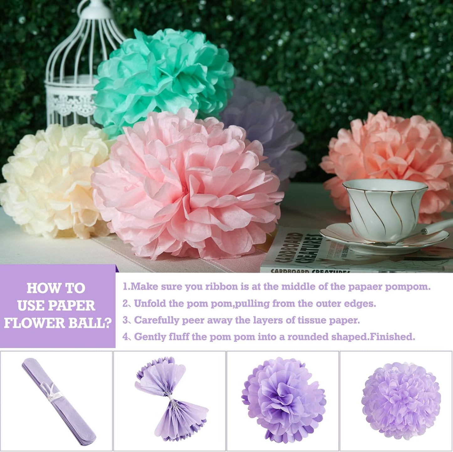 EASY JOY 15PCS Pastel Paper Tissue Pom Poms Decoration Macaron Rainbow Candy Ice Cream Easter Flowers Wall Hanging Decor for Birthday Wedding Baby Shower