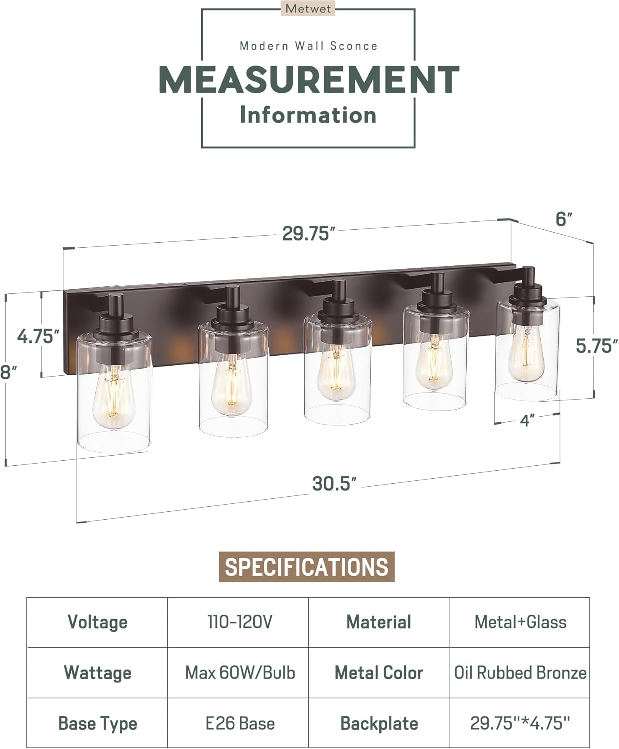 5-Light Bathroom Light Fixtures, 30 Inch Oil Rubbed Bronze Vanity Lights with Cylinder Clear Glass Shade, Modern Vanity Lighting Fixtures Over Mirror, VL143-ORB-5