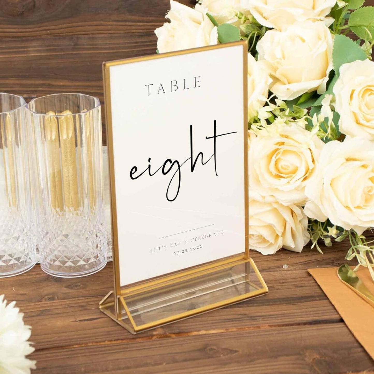 HOODO 8 Pack 5x7 Acrylic Table Number Holders with Golden Border, Double-Sided Clear Acrylic Sign Holder Gold Picture Frames Sign Holder, Vertical Stand (5"x7"-8 Pack)