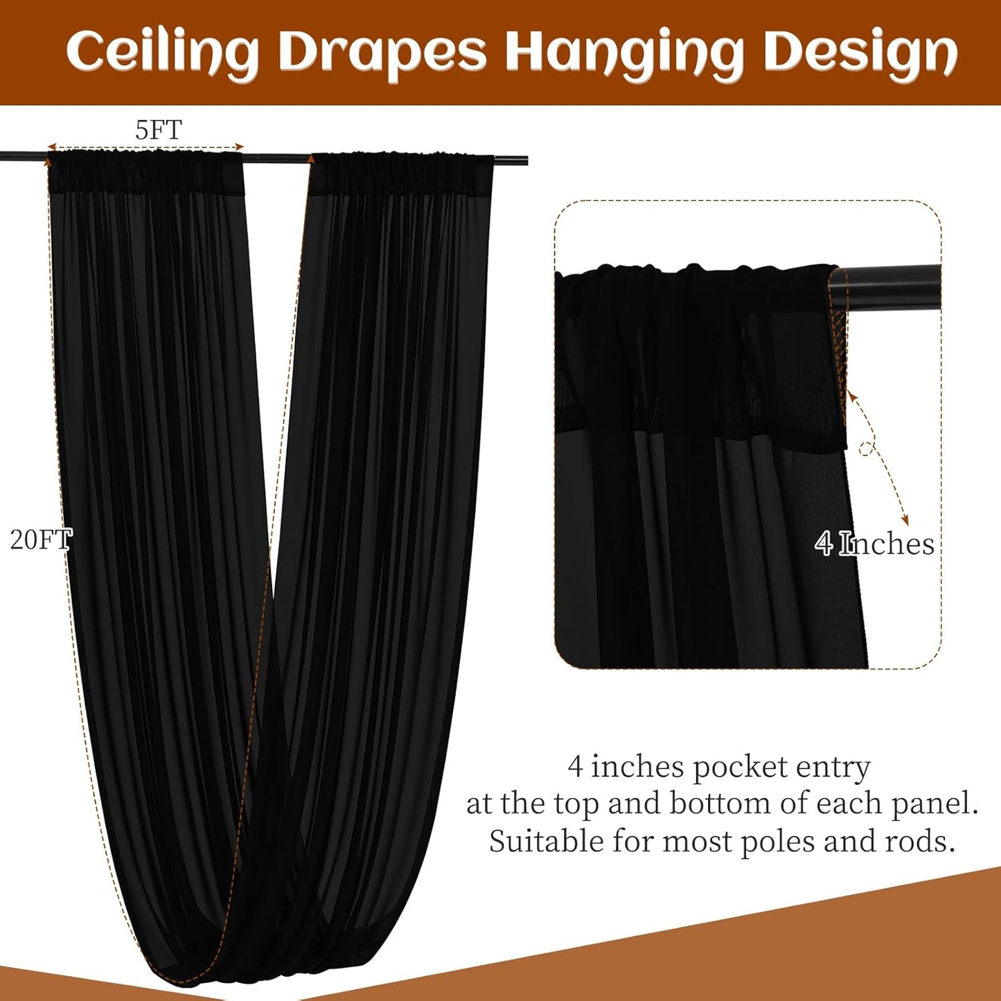 6 Panels Black Ceiling Drapes 5ftx20ft Wedding Chiffon Fabric Arch Draping Sheer Curtains Soft Drapery for Party Ceremony Stage Swag Decorations