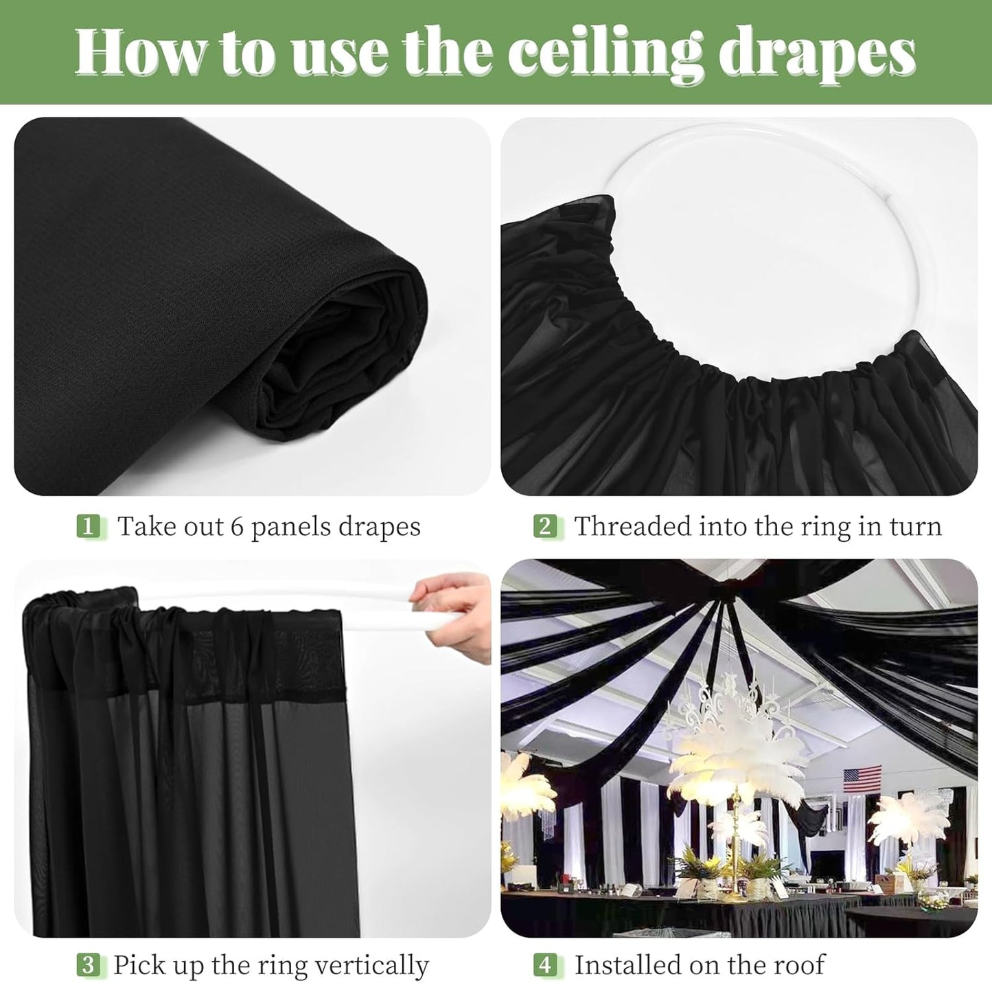 6 Panels Black Wedding Ceiling Drapes 5ftx40ft Ceiling Drapes Chiffon Fabric Arch Draping Sheer Curtains Soft Drapery Draping Wedding Ceiling Decorations for Party Ceremony Stage Swag