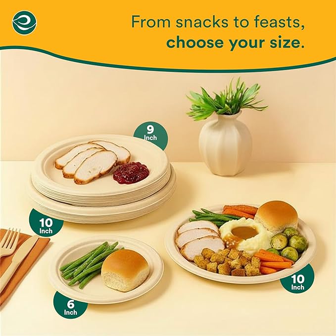 ECO SOUL Compostable 9 Inch(500-Pack) Biodegradable Heavy-Duty Disposable Eco-Friendly Paper Plates for Christmas Dinner & Parties, Wedding, Event