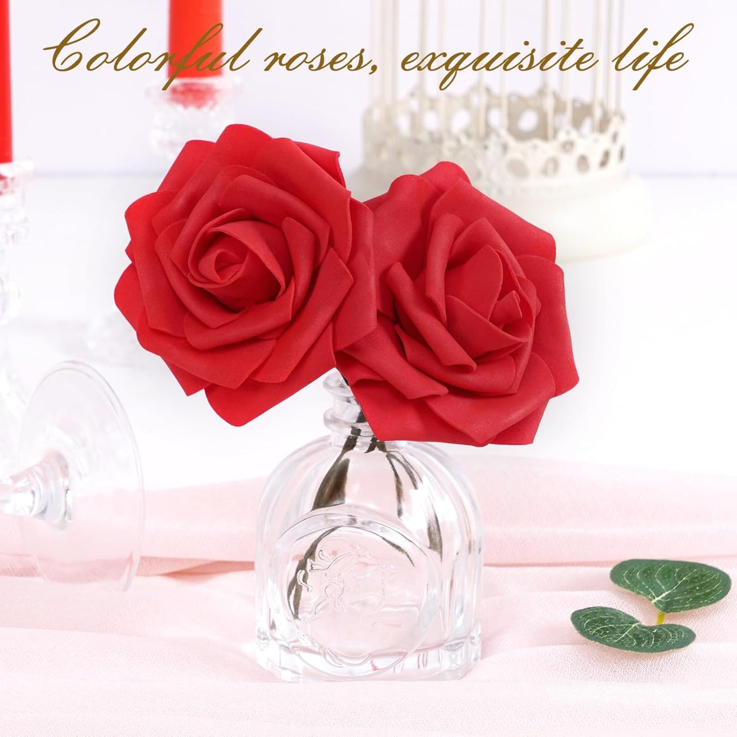 BLEUM CADE 36Pcs Artificial Flowers Fake Roses with Stems, Red Boxed Foam Roses for DIY Bouquets Centerpieces Wedding Party Arrangement Bridal Shower Decor