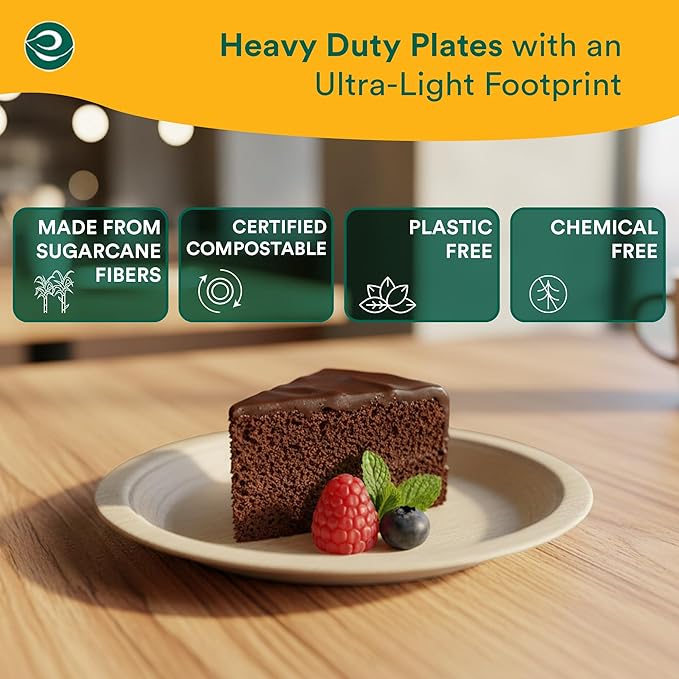 ECO SOUL Compostable Paper Plates 6 Inch (400 Count) Plates for Christmas Dessert, Heavy Duty, Eco-Friendly Sugarcane Bagasse Small Plates For Appetizer- Natural Brown
