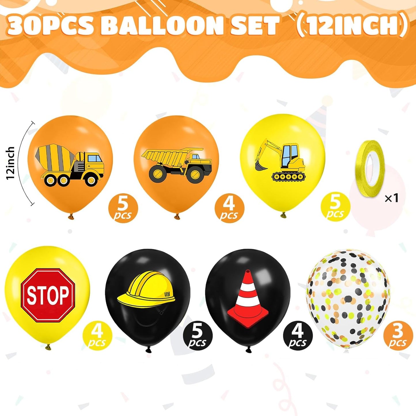 Construction Balloons, 12 Inch Black Yellow Orange Confetti Truck Construction Party Latex Balloons for Boy Excavator Party Baby Shower Truck Themed Birthday Decorations