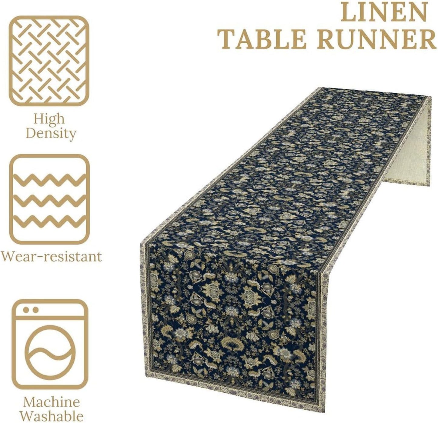 Vintage Boho Floral Table Runner, Morris Rustic Country Farmhouse Dark Blue Grey Retro Flower Pattern for Home Kitchen Table Decor Dining Coffee Room Party Decor 13x90in