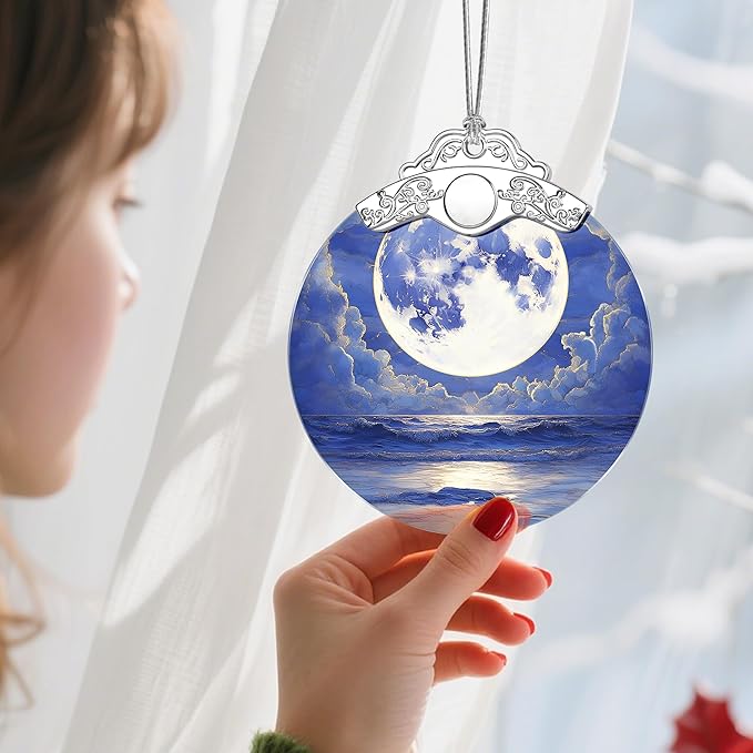 Christmas Ornaments: Stained Glass Ornament, Christmas Tree Ornament, Hanging Ornaments for Home Decor & Xmas Tree Decorations – Holiday Decor, Gifts & Holiday Present - Full Moon Over Ocean