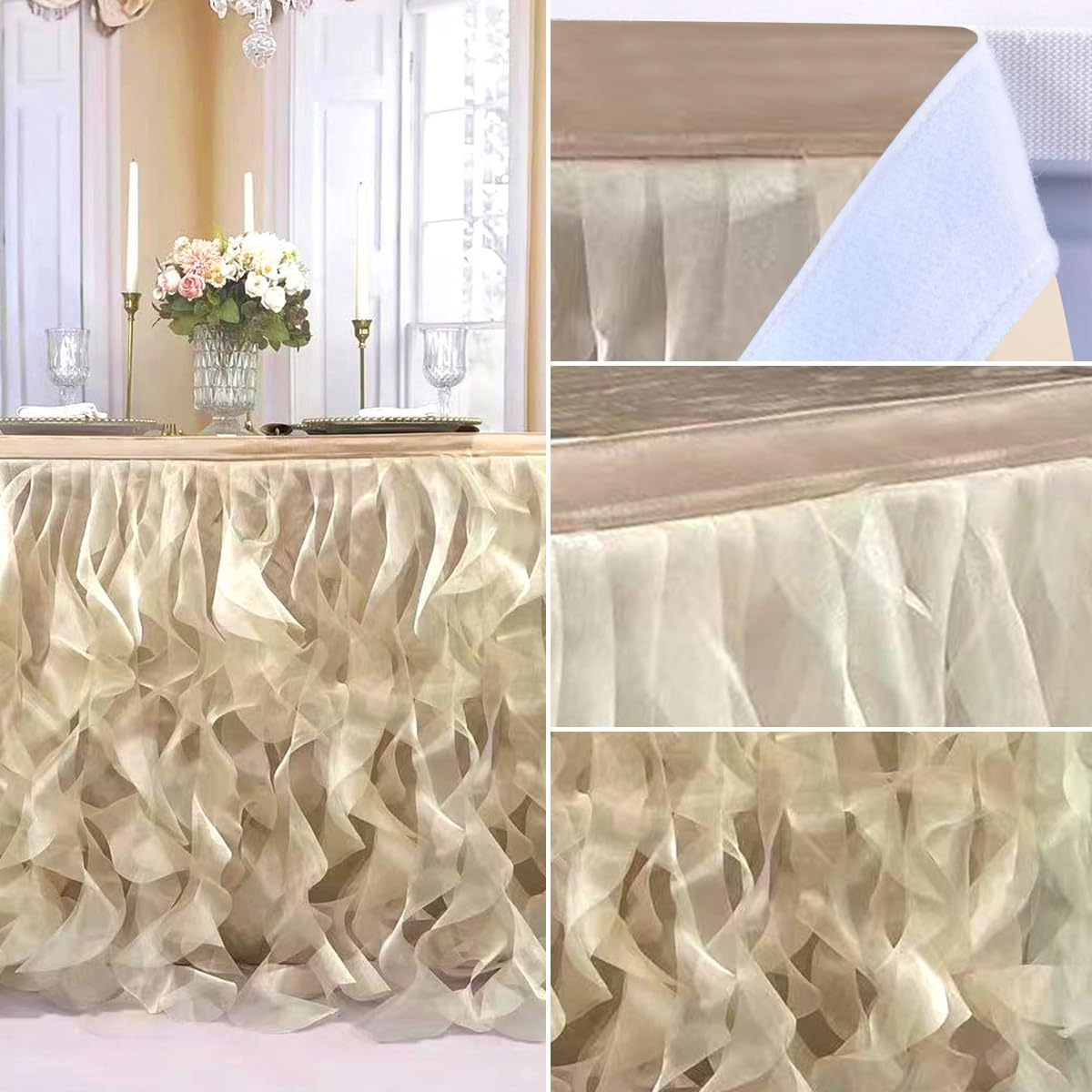 Luxury Organza Mesh Table Skirt Draping Floating Romance - Perfect for Bridal Showers, Birthday Weddings - Clear Flowing Decoration for a Wonderful Main Cake Table (Champagne-6ft, 72" L×30" H)