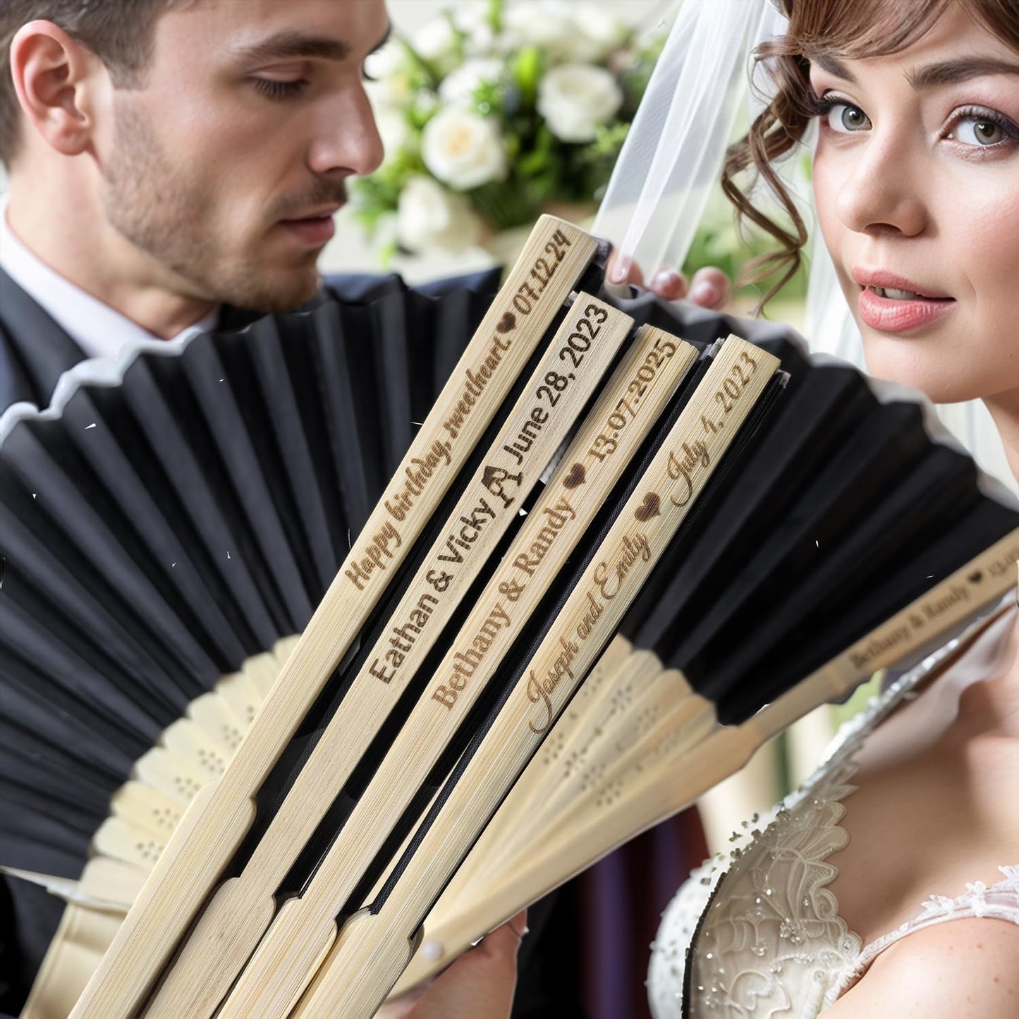 1Pcs Personalized Silk Fans Folding Hand Fan, Custom Wedding Bridal Party Favors, Summer Wedding Bride, Wedding Gift, Thank You Gift (Black)